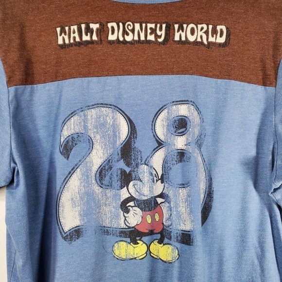 Vintage Walt Disney World Mickey Mouse Ringer Baseball Tee Blue Brown Size XL - Picture 7 of 11